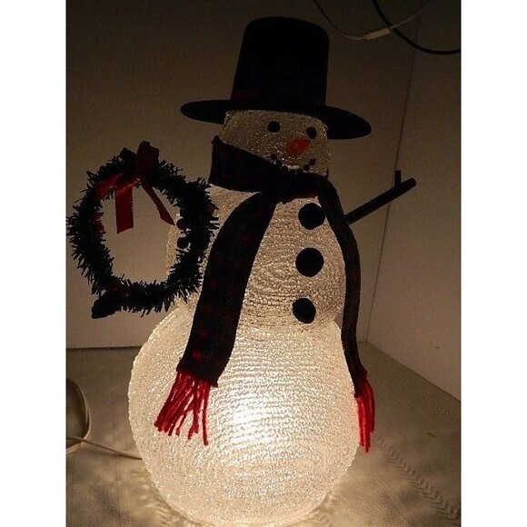 Vintage 13" Light Up Snowman w/Top Hat & Wreath Stick Arms & Scarf - Picture 9 of 12